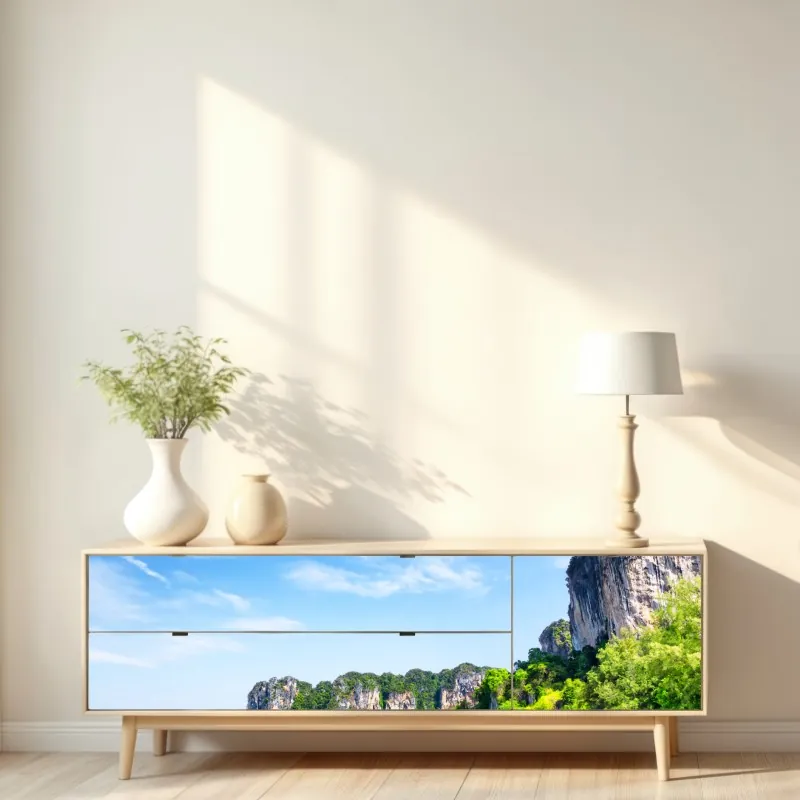 Naklejka repozycjonowalna tradycyjna łódź na plaży Railay, Tajlandia