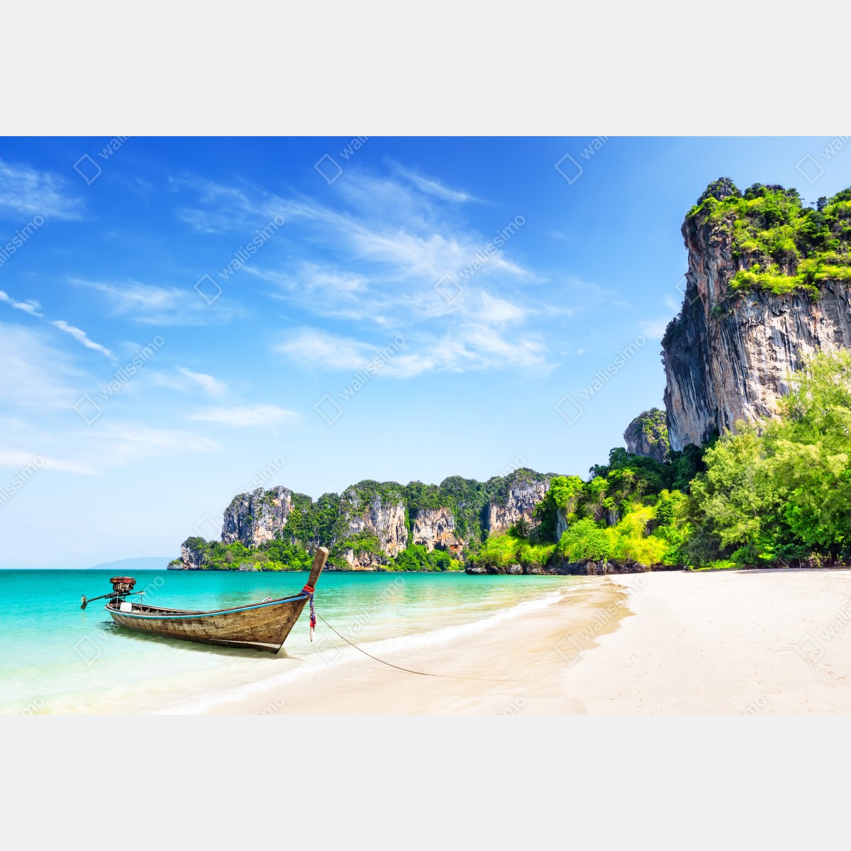 Naklejka repozycjonowalna tradycyjna łódź na plaży Railay, Tajlandia – Wallissimo® Naklejka repozycjonowalna tradycyjna łódź na plaży Railay, Tajlandia – Wallissimo®