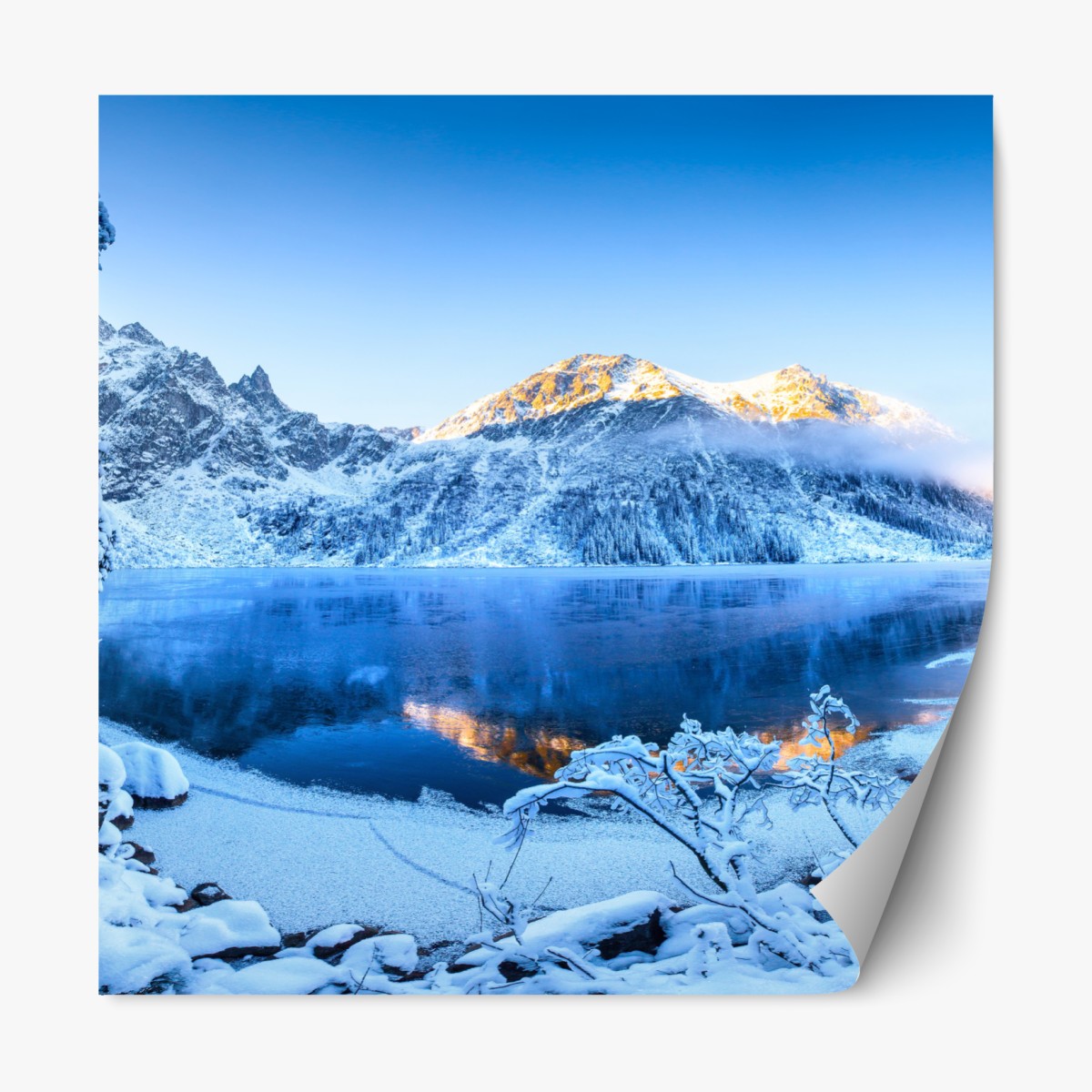 Repositionable sticker winter sunrise over frozen mountain lake
