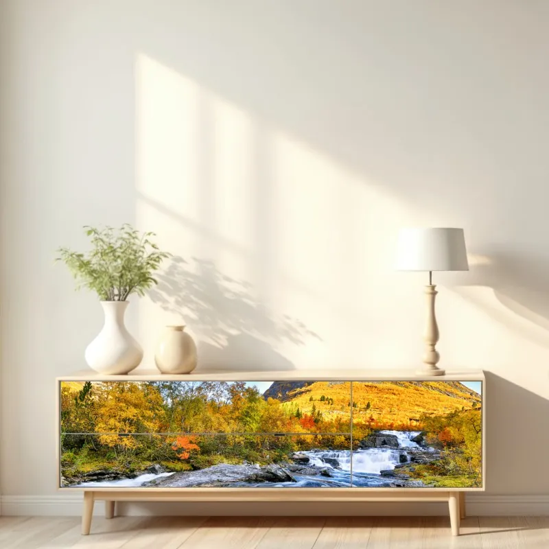 Naklejka repozycjonowalna złoty jesienny wodospad – Wallissimo® Naklejka repozycjonowalna złoty jesienny wodospad – Wallissimo®