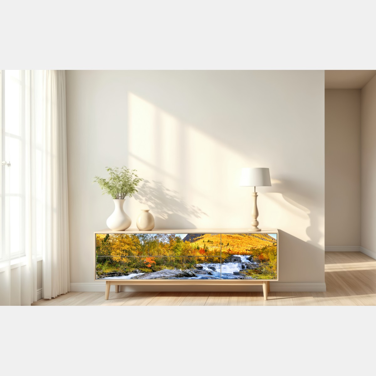 Naklejka repozycjonowalna złoty jesienny wodospad – Wallissimo® Naklejka repozycjonowalna złoty jesienny wodospad – Wallissimo®