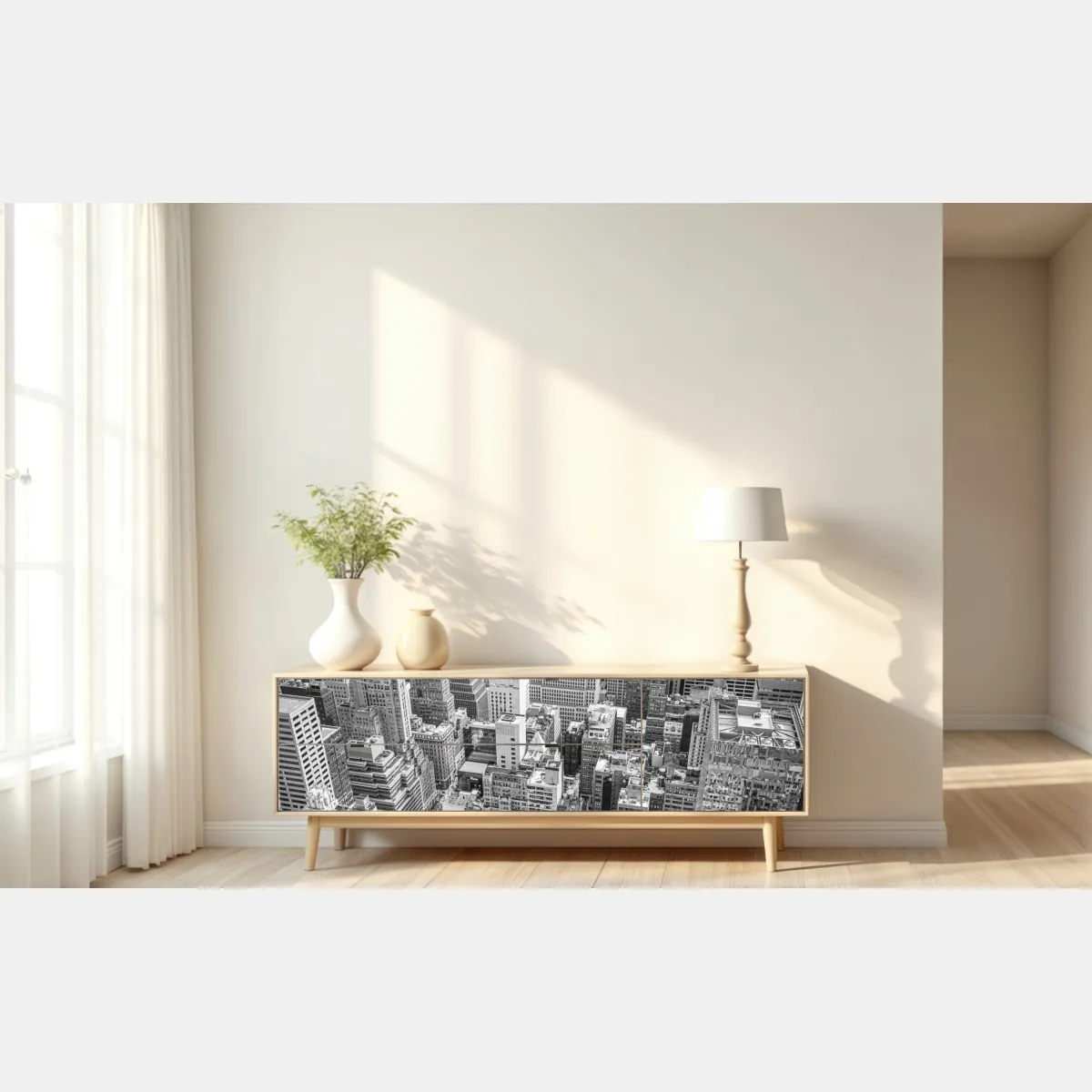 Naklejka repozycjonowalna lotnicza panorama miasta w odcieniach szarości – Wallissimo® Naklejka repozycjonowalna lotnicza panorama miasta w odcieniach szarości – Wallissimo®