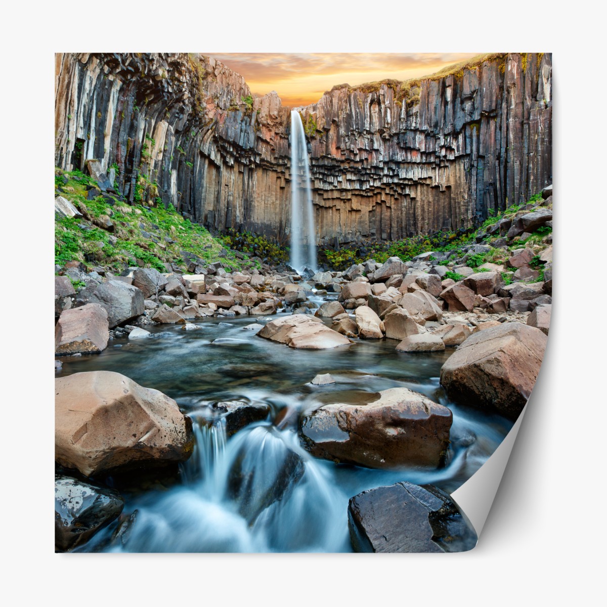 Repositionable sticker dramatic waterfall amid basalt cliffs