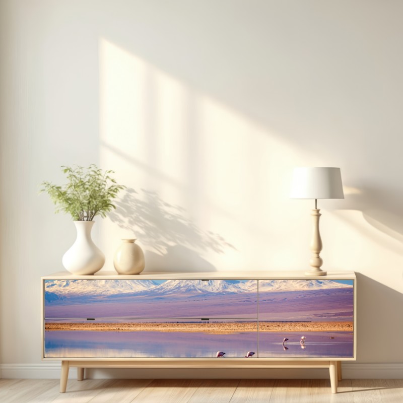 Naklejka repozycjonowalna Laguna Chaxa z flamingami i Licancabur – Wallissimo® Naklejka repozycjonowalna Laguna Chaxa z flamingami i Licancabur – Wallissimo®