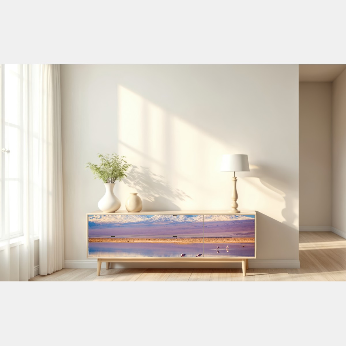 Naklejka repozycjonowalna Laguna Chaxa z flamingami i Licancabur – Wallissimo® Naklejka repozycjonowalna Laguna Chaxa z flamingami i Licancabur – Wallissimo®