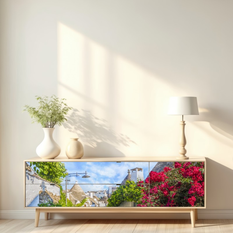 Naklejka repozycjonowalna Alberobello trulli malownicza uliczka – Wallissimo® Naklejka repozycjonowalna Alberobello trulli malownicza uliczka – Wallissimo®