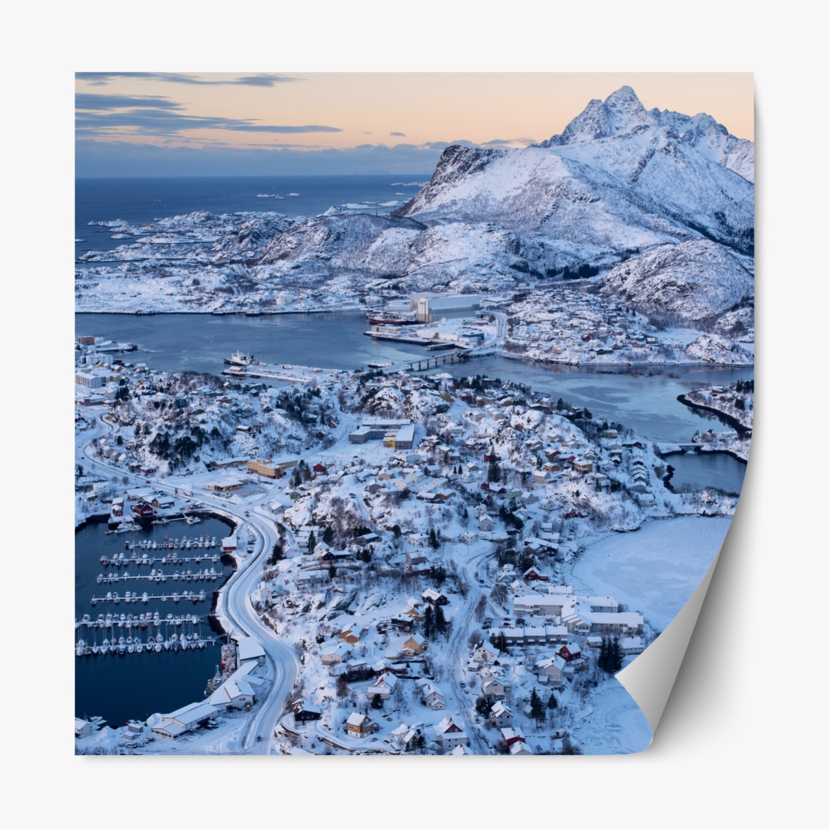 Repositionable sticker winter aerial view of Svolvaer harbor, Norway