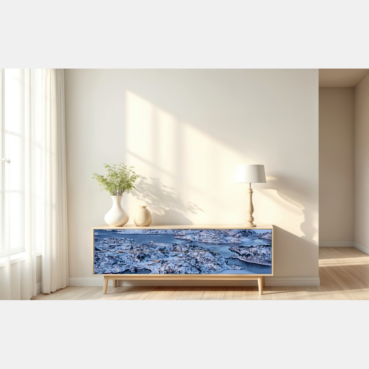 Naklejka repozycjonowalna zimowy widok lotniczy portu Svolvaer, Norwegia – Wallissimo® Naklejka repozycjonowalna zimowy widok lotniczy portu Svolvaer, Norwegia – Wallissimo®