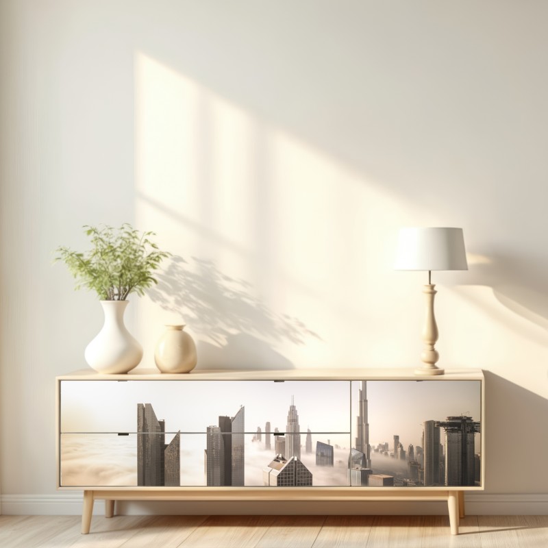 Naklejka repozycjonowalna mglista panorama Dubaju nad chmurami – Wallissimo® Naklejka repozycjonowalna mglista panorama Dubaju nad chmurami – Wallissimo®