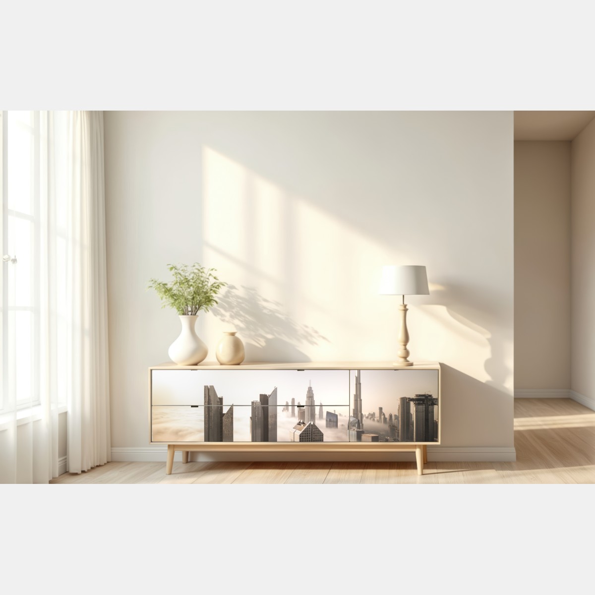 Naklejka repozycjonowalna mglista panorama Dubaju nad chmurami – Wallissimo® Naklejka repozycjonowalna mglista panorama Dubaju nad chmurami – Wallissimo®