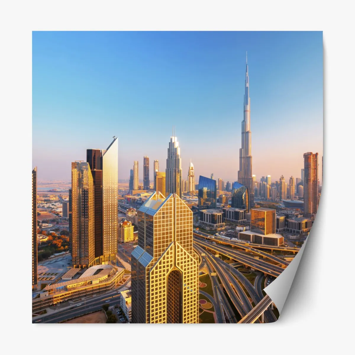 Naklejka repozycjonowalna panorama Dubaju z Burj Khalifa o zachodzie słońca – Wallissimo® Naklejka repozycjonowalna panorama Dubaju z Burj Khalifa o zachodzie słońca – Wallissimo®