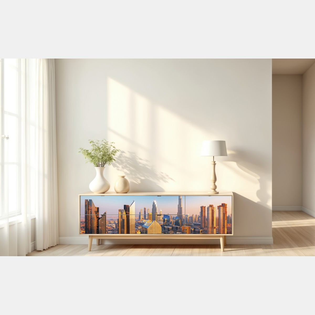 Naklejka repozycjonowalna panorama Dubaju z Burj Khalifa o zachodzie słońca – Wallissimo® Naklejka repozycjonowalna panorama Dubaju z Burj Khalifa o zachodzie słońca – Wallissimo®