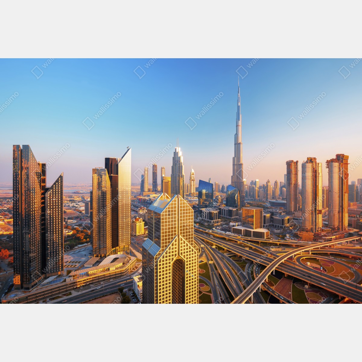 Naklejka repozycjonowalna panorama Dubaju z Burj Khalifa o zachodzie słońca – Wallissimo® Naklejka repozycjonowalna panorama Dubaju z Burj Khalifa o zachodzie słońca – Wallissimo®