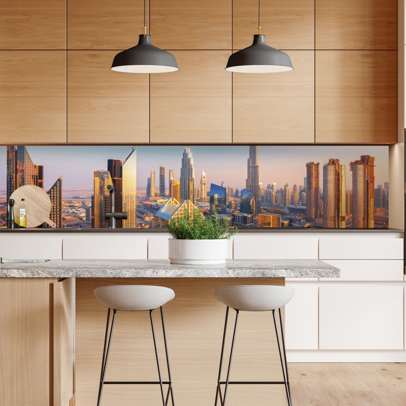 Naklejka repozycjonowalna panorama Dubaju z Burj Khalifa o zachodzie słońca – Wallissimo® Naklejka repozycjonowalna panorama Dubaju z Burj Khalifa o zachodzie słońca – Wallissimo®