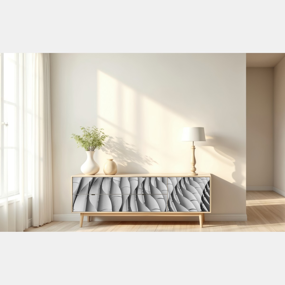 Naklejka repozycjonowalna falisty wzór architektoniczny w odcieniach szarości – Wallissimo® Naklejka repozycjonowalna falisty wzór architektoniczny w odcieniach szarości – Wallissimo®