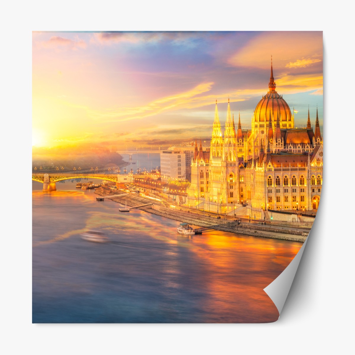 Repositionable sticker golden sunset over Budapest parliament