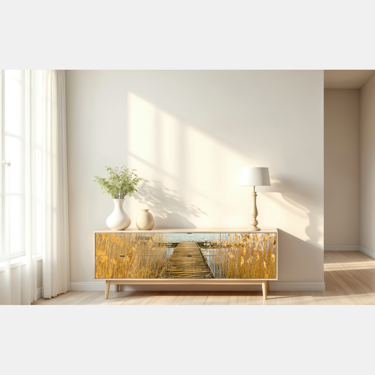 Naklejka repozycjonowalna drewniany pomost nad spokojnym jeziorem – Wallissimo® Naklejka repozycjonowalna drewniany pomost nad spokojnym jeziorem – Wallissimo®