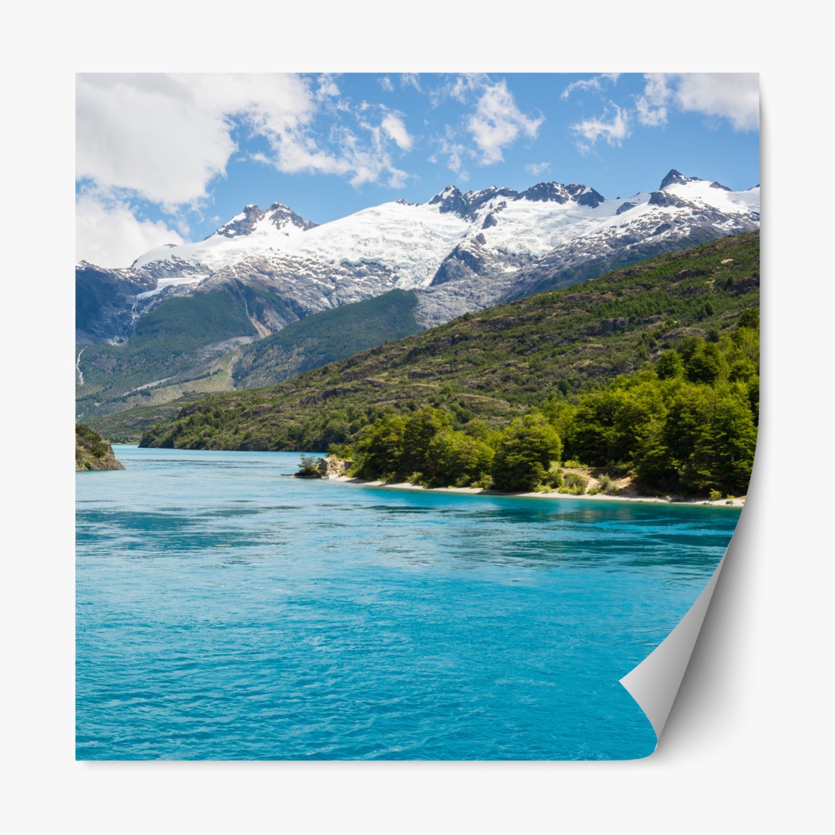 Repositionable sticker turquoise alpine lake with snow-capped mountains