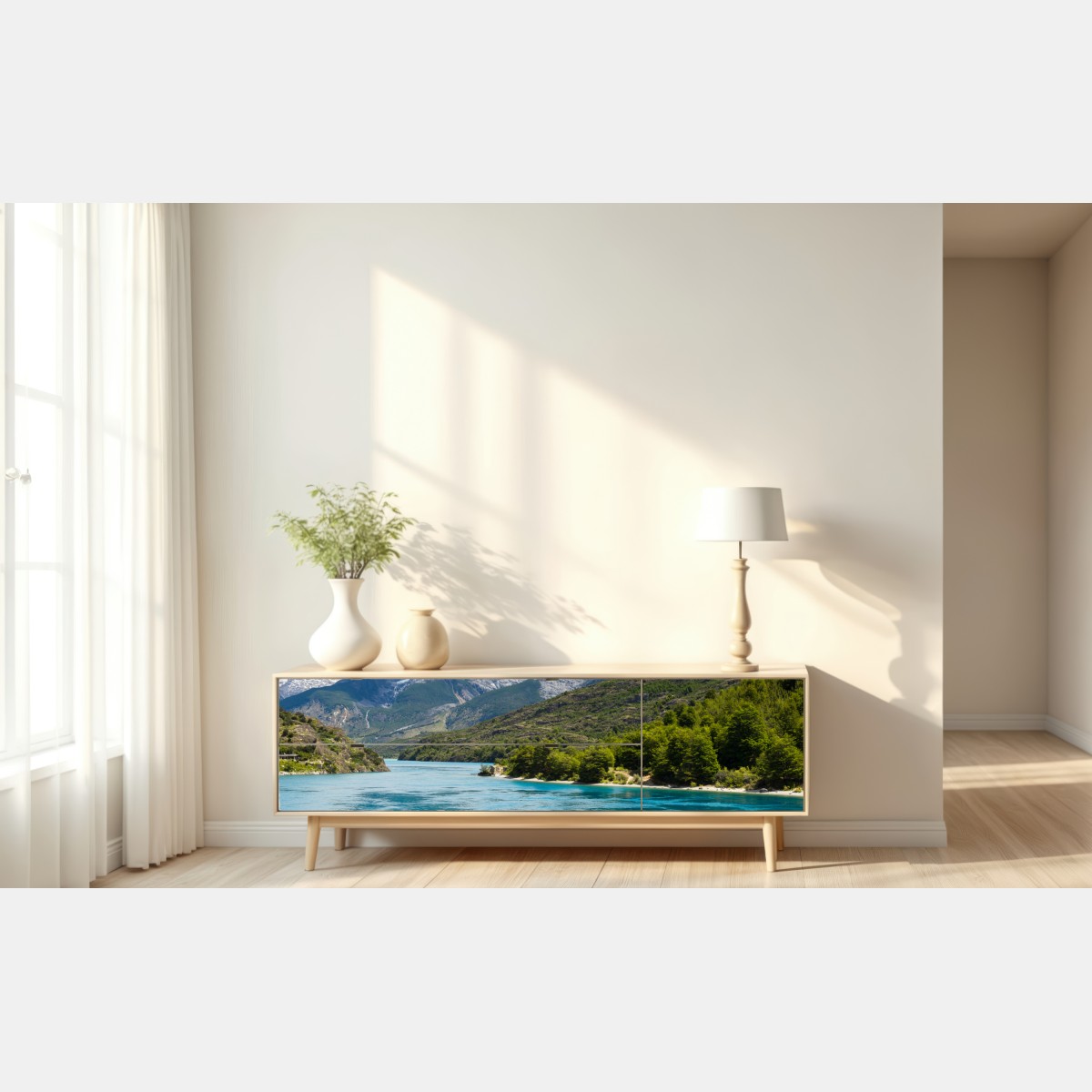 Naklejka repozycjonowalna turkusowe jezioro górskie z ośnieżonymi szczytami – Wallissimo® Naklejka repozycjonowalna turkusowe jezioro górskie z ośnieżonymi szczytami – Wallissimo®