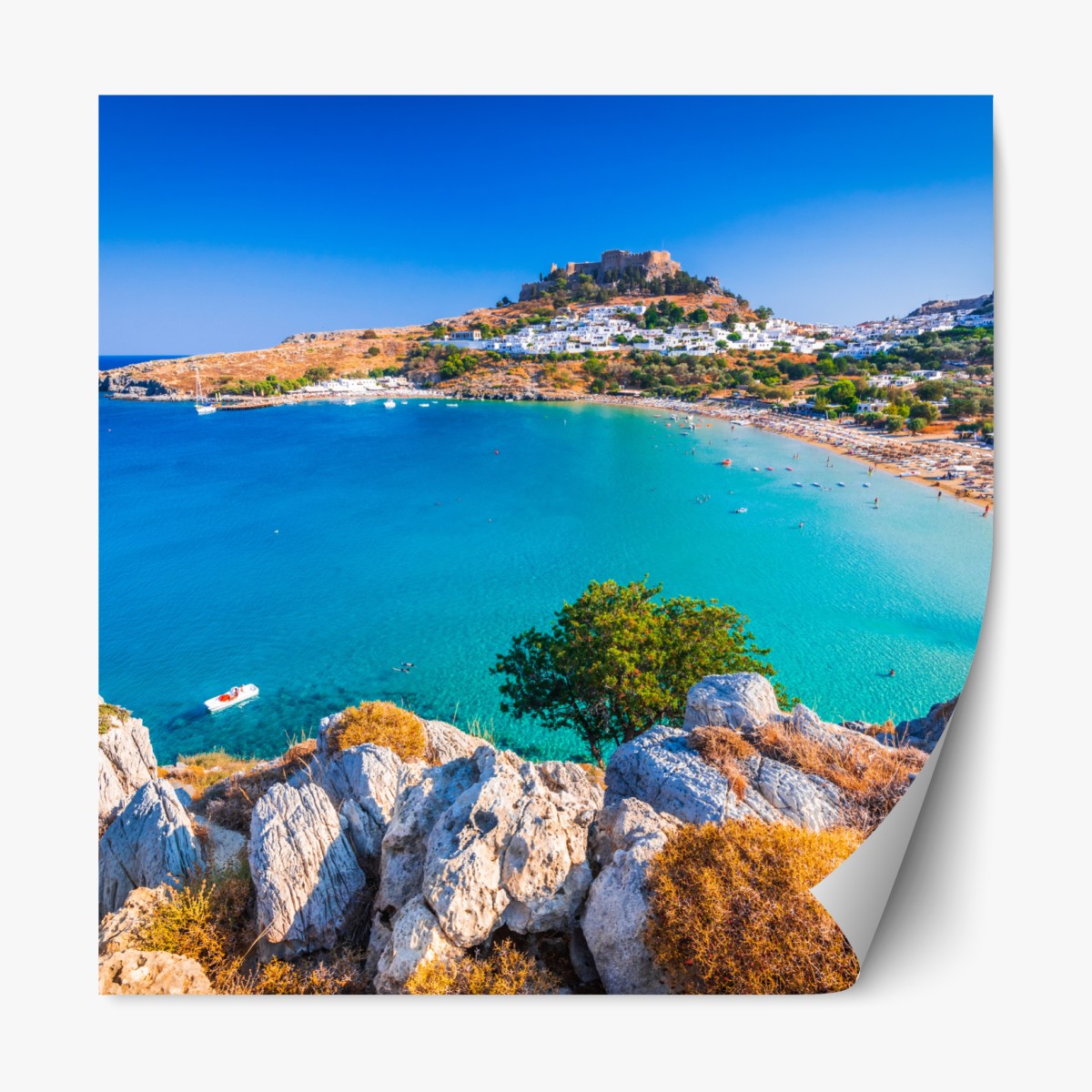 Repositionable sticker turquoise bay in Lindos, Rhodes