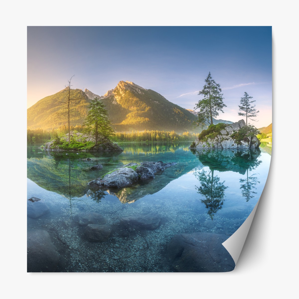 Repositionable sticker alpine lake at sunrise with mirror reflection
