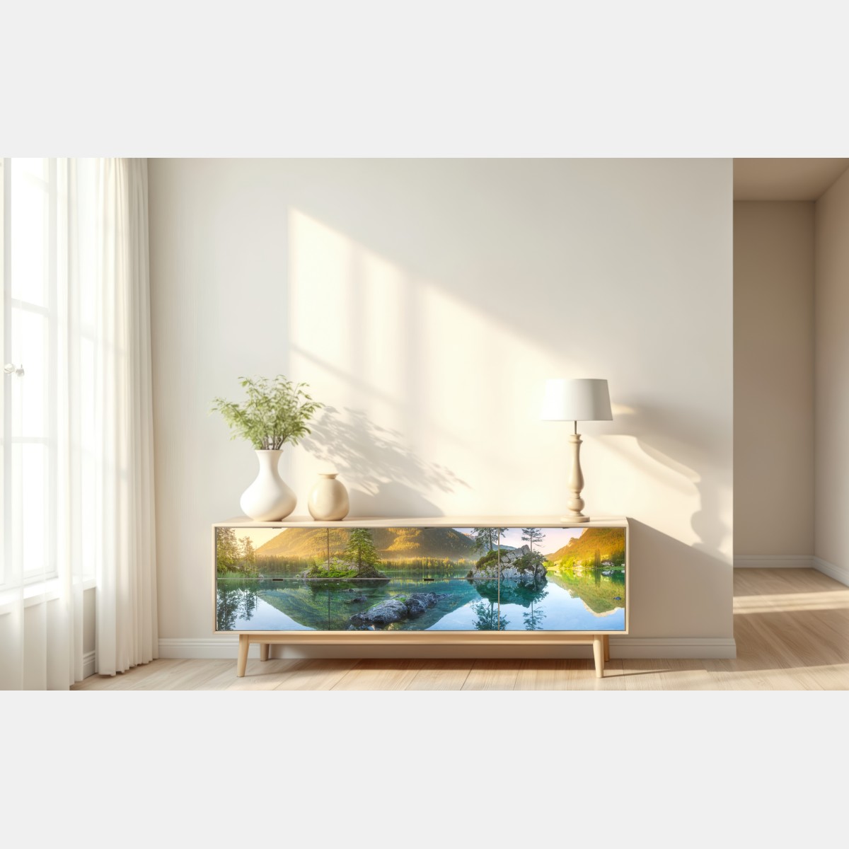 Naklejka repozycjonowalna alpejskie jezioro o wschodzie słońca z lustrzanym odbiciem – Wallissimo® Naklejka repozycjonowalna alpejskie jezioro o wschodzie słońca z lustrzanym odbiciem – Wallissimo®