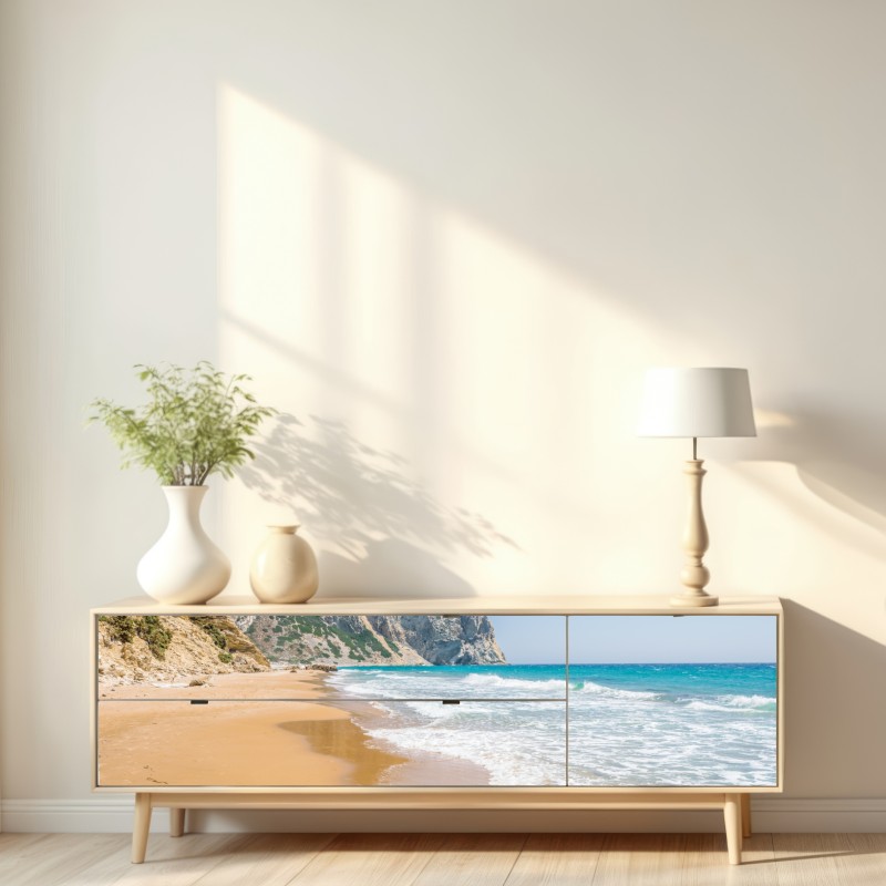 Naklejka repozycjonowalna słoneczna turkusowa plaża z klifami – Wallissimo® Naklejka repozycjonowalna słoneczna turkusowa plaża z klifami – Wallissimo®