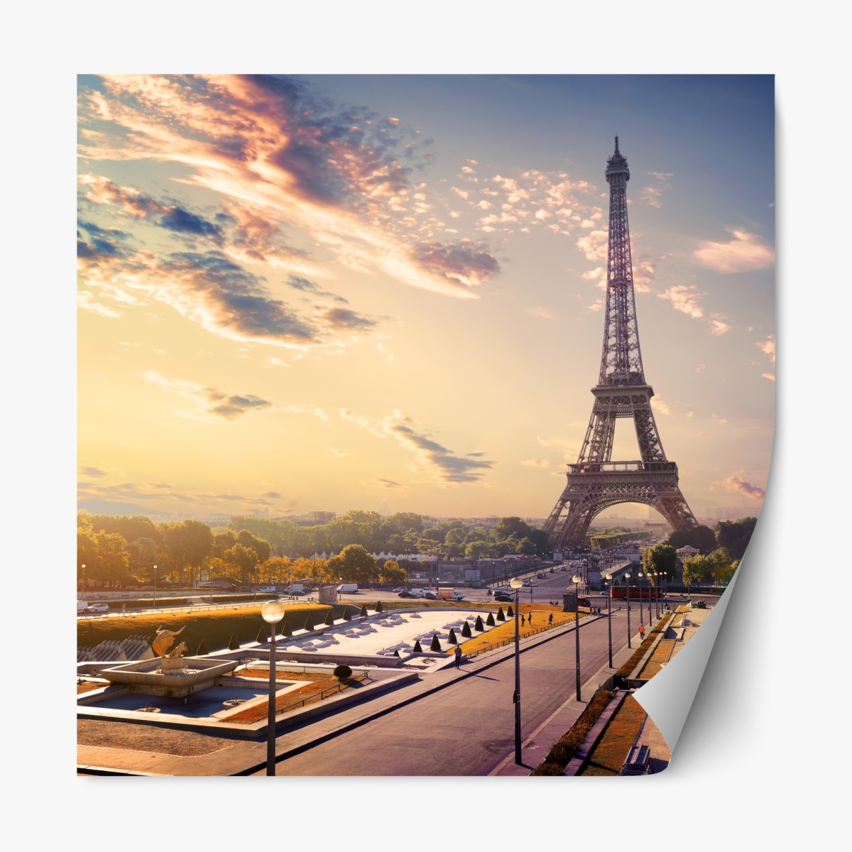 Repositionable sticker sunlit view of the Eiffel Tower at dawn