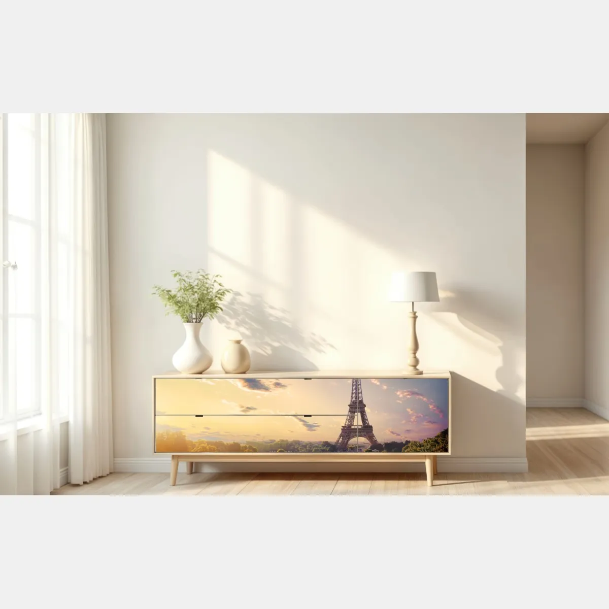 Naklejka repozycjonowalna słoneczny widok na Wieżę Eiffla o świcie – Wallissimo® Naklejka repozycjonowalna słoneczny widok na Wieżę Eiffla o świcie – Wallissimo®