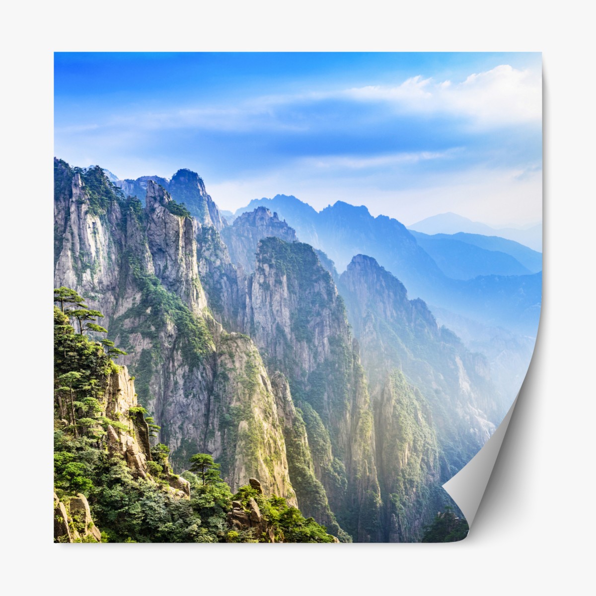Repositionable sticker misty mountain peaks panorama