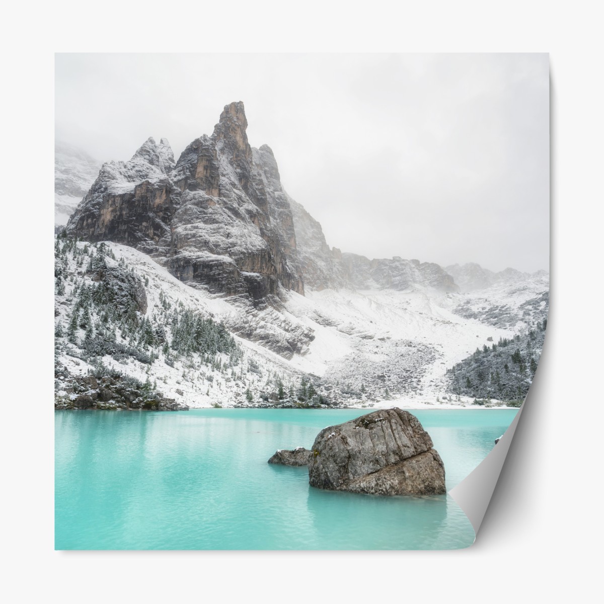 Repositionable sticker turquoise alpine lake under snowy peaks
