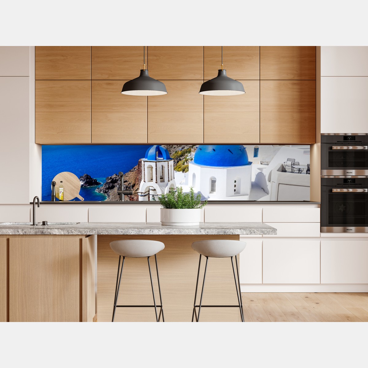 Naklejka repozycjonowalna Santorini niebieskie kopuły nad kalderą – Wallissimo® Naklejka repozycjonowalna Santorini niebieskie kopuły nad kalderą – Wallissimo®