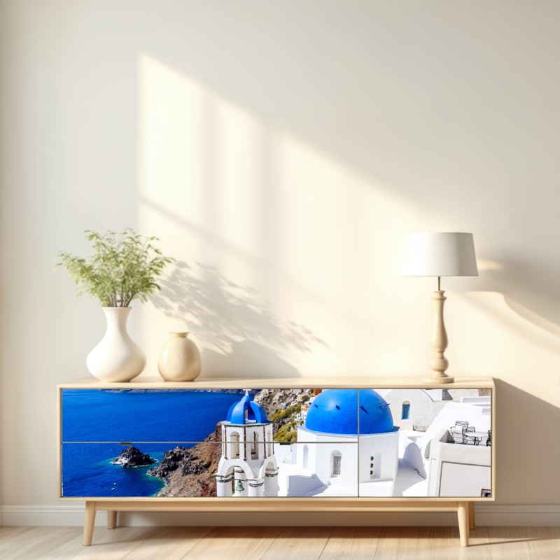 Naklejka repozycjonowalna Santorini niebieskie kopuły nad kalderą – Wallissimo® Naklejka repozycjonowalna Santorini niebieskie kopuły nad kalderą – Wallissimo®