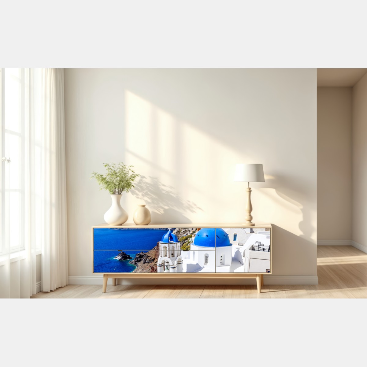 Naklejka repozycjonowalna Santorini niebieskie kopuły nad kalderą – Wallissimo® Naklejka repozycjonowalna Santorini niebieskie kopuły nad kalderą – Wallissimo®