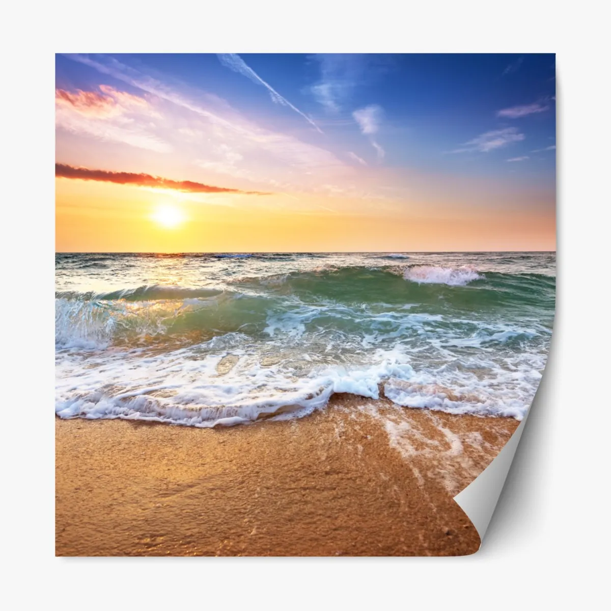 Naklejka repozycjonowalna złoty zachód słońca na plaży nad falami – Wallissimo® Naklejka repozycjonowalna złoty zachód słońca na plaży nad falami – Wallissimo®