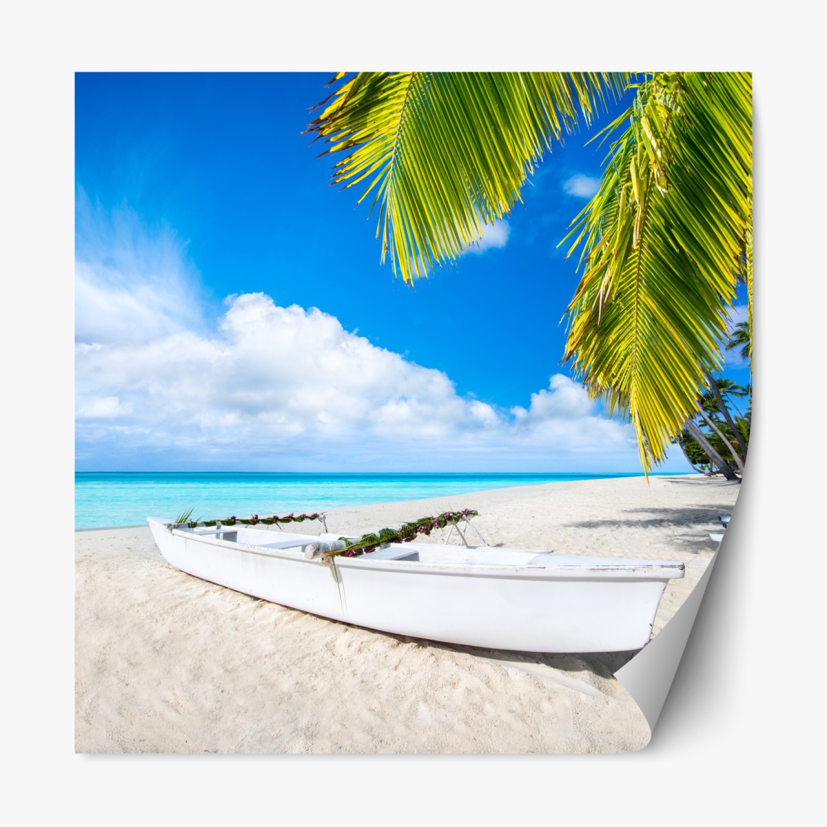 Repositionable sticker tropical turquoise beach with palms and boats