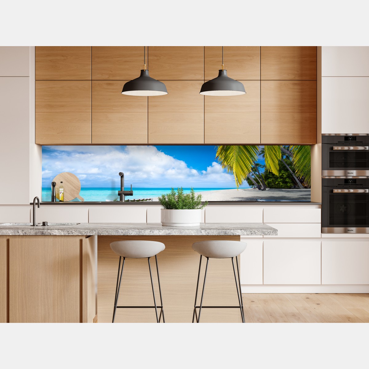 Naklejka repozycjonowalna tropikalna plaża w turkusowych kolorach z palmami i łodziami – Wallissimo® Naklejka repozycjonowalna tropikalna plaża w turkusowych kolorach z palmami i łodziami – Wallissimo®