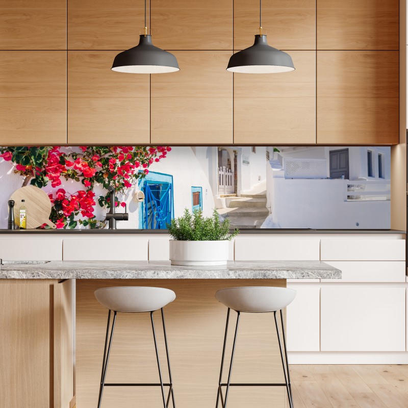 Naklejka repozycjonowalna Santorini biała uliczka z bugenwillą – Wallissimo® Naklejka repozycjonowalna Santorini biała uliczka z bugenwillą – Wallissimo®