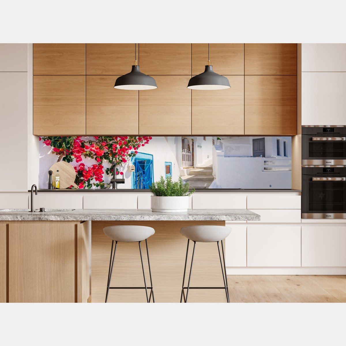 Naklejka repozycjonowalna Santorini biała uliczka z bugenwillą – Wallissimo® Naklejka repozycjonowalna Santorini biała uliczka z bugenwillą – Wallissimo®