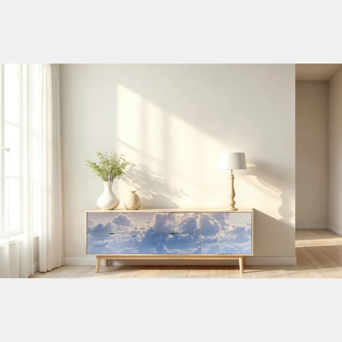 Naklejka repozycjonowalna delikatne chmury nad błękitnym niebem – Wallissimo® Naklejka repozycjonowalna delikatne chmury nad błękitnym niebem – Wallissimo®