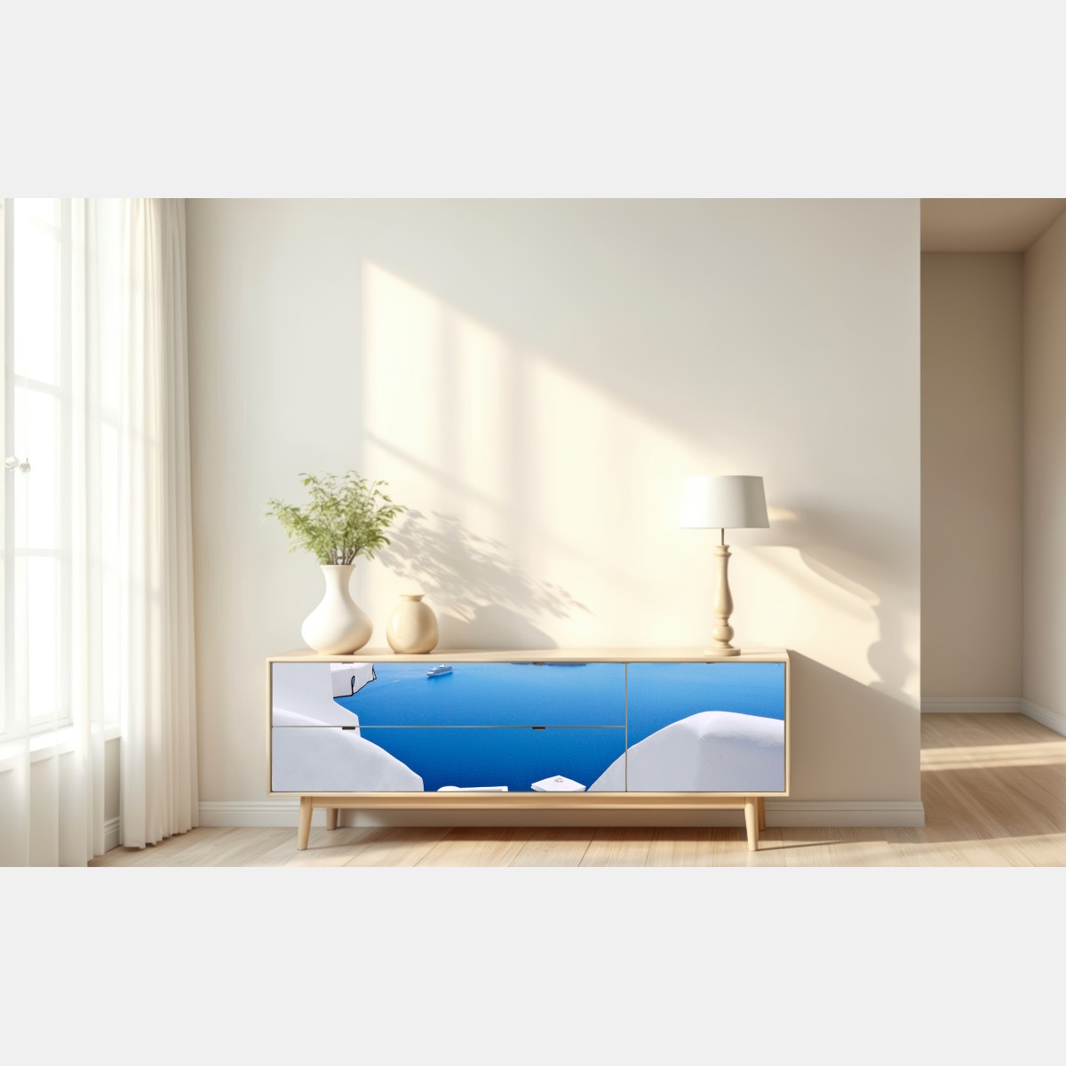 Naklejka repozycjonowalna Santorini białe schody nad morzem – Wallissimo® Naklejka repozycjonowalna Santorini białe schody nad morzem – Wallissimo®