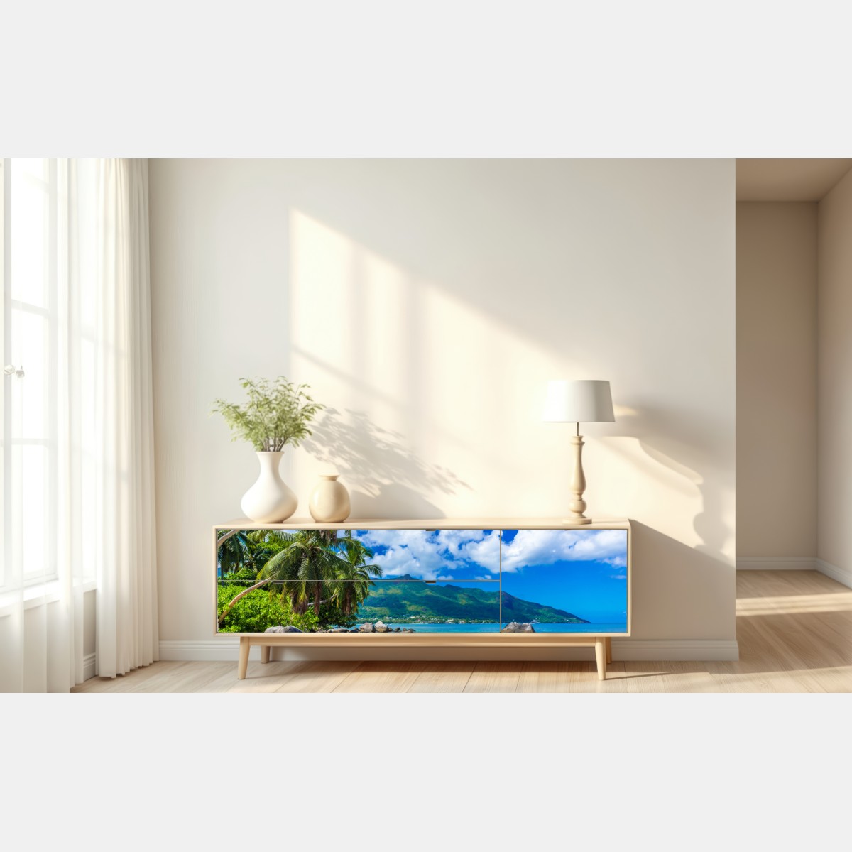 Naklejka repozycjonowalna Baie Beau Vallon tropikalna plaża – Wallissimo® Naklejka repozycjonowalna Baie Beau Vallon tropikalna plaża – Wallissimo®