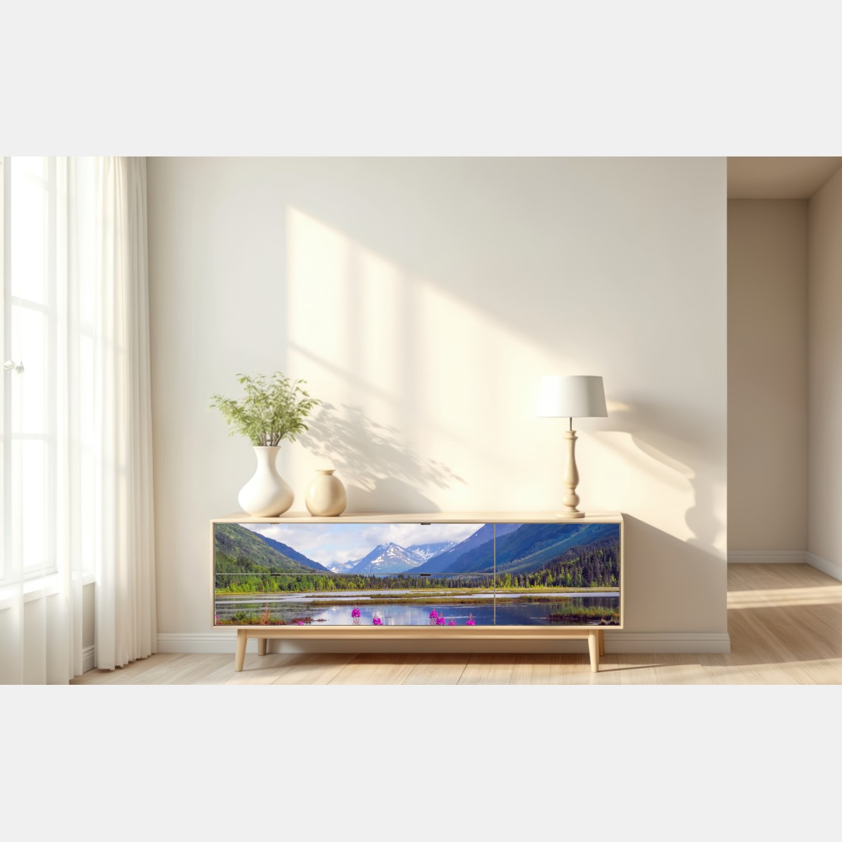 Naklejka repozycjonowalna Tern Lake odbicia, krajobraz górski z Alaski – Wallissimo® Naklejka repozycjonowalna Tern Lake odbicia, krajobraz górski z Alaski – Wallissimo®