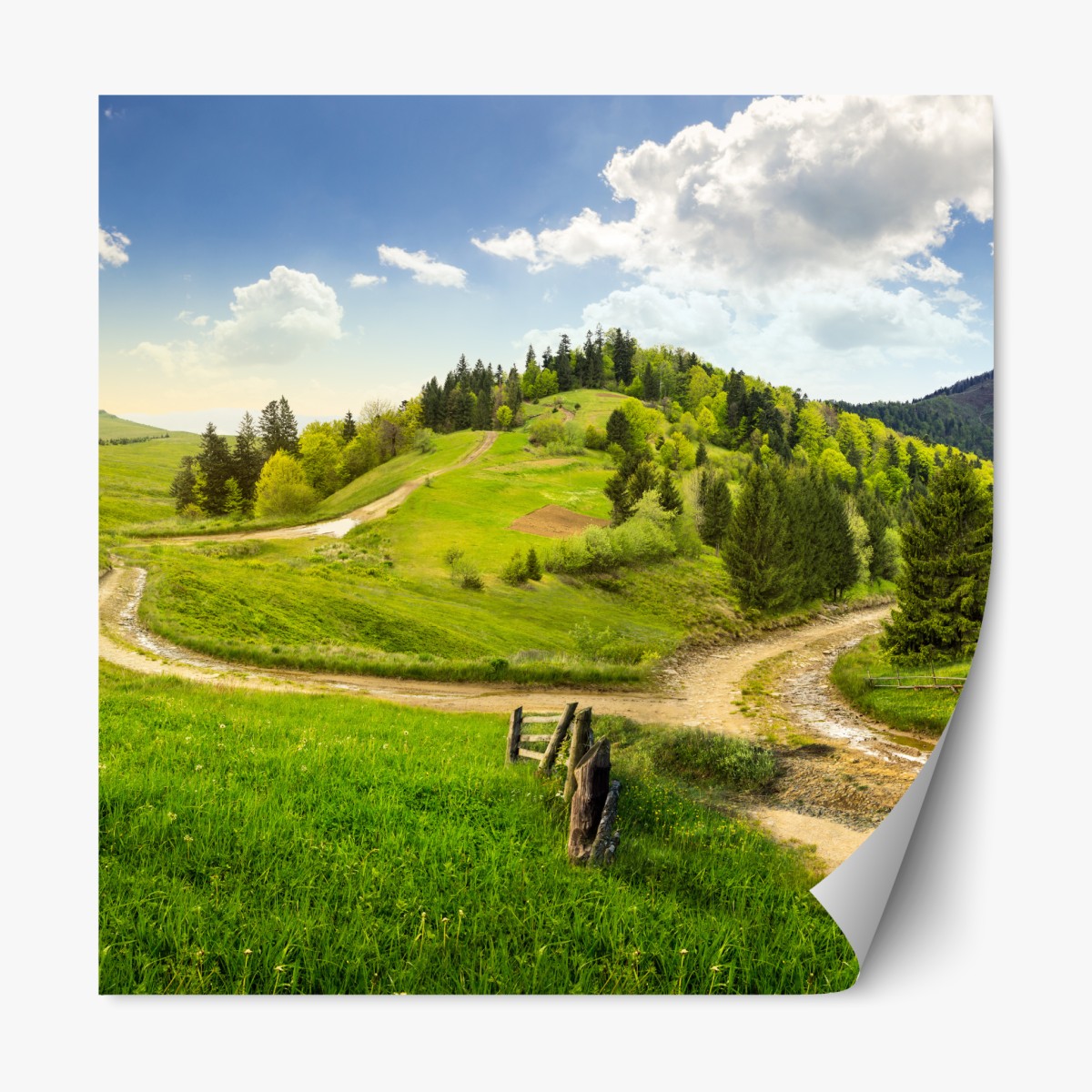 Repositionable sticker winding country road through green hills