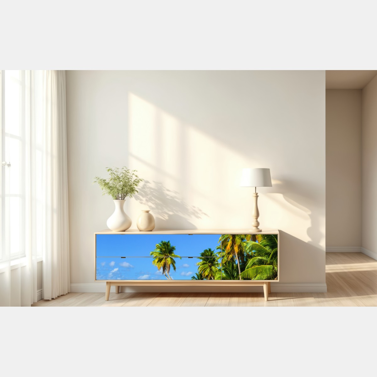 Naklejka repozycjonowalna tropikalna plaża z palmami – Wallissimo® Naklejka repozycjonowalna tropikalna plaża z palmami – Wallissimo®