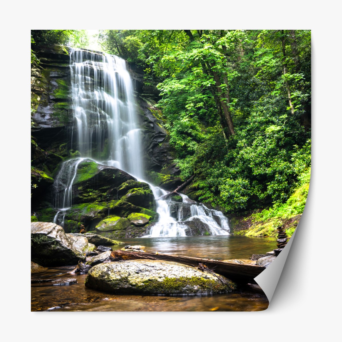 Repositionable sticker serene forest waterfall