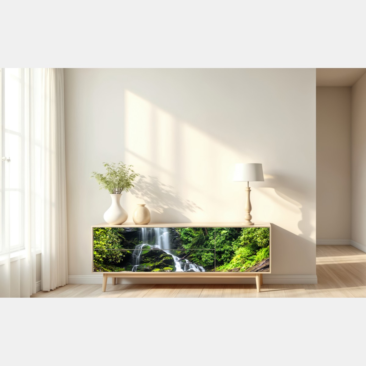 Naklejka repozycjonowalna spokojny wodospad w lesie – Wallissimo® Naklejka repozycjonowalna spokojny wodospad w lesie – Wallissimo®