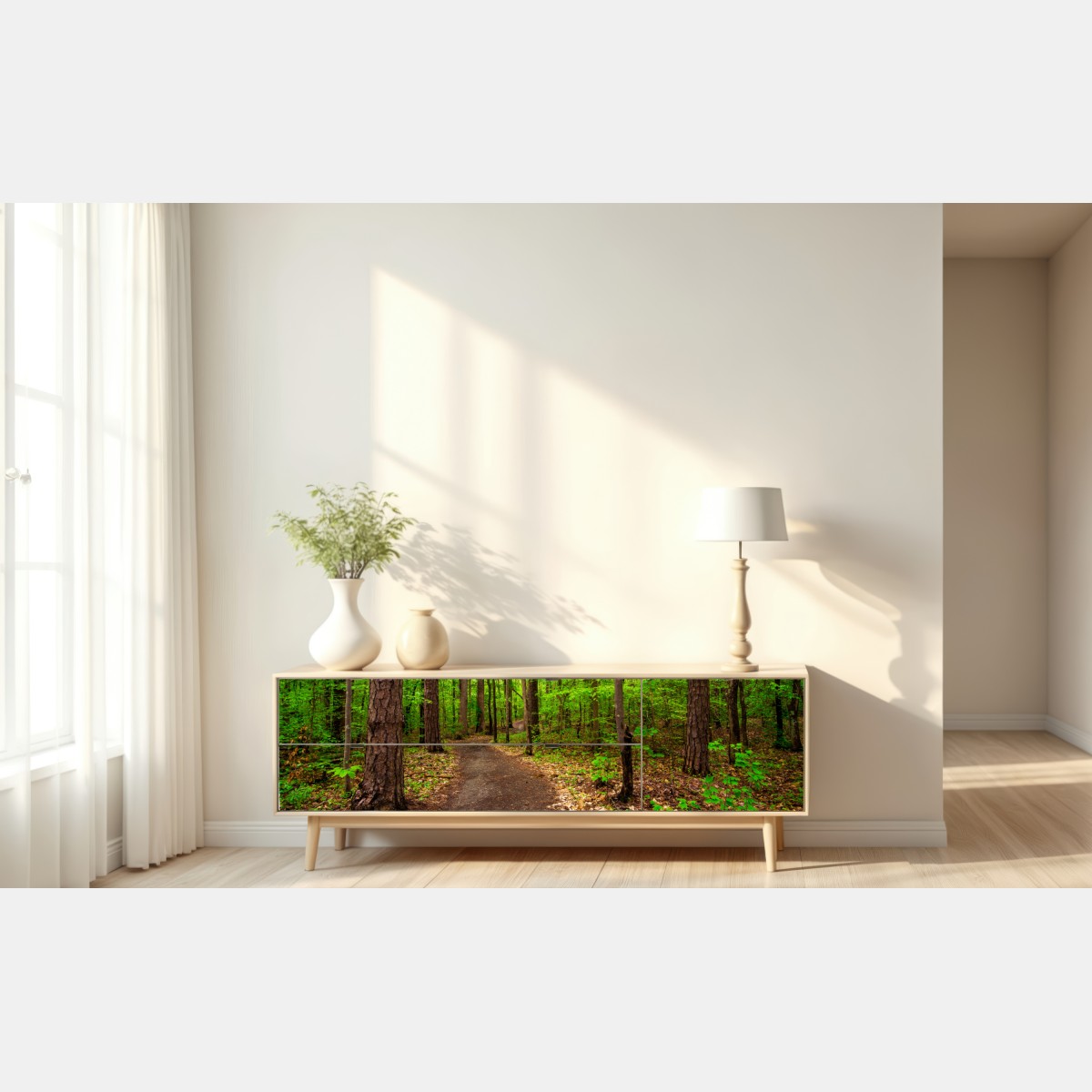 Naklejka repozycjonowalna spokojna zielona ścieżka leśna – Wallissimo® Naklejka repozycjonowalna spokojna zielona ścieżka leśna – Wallissimo®