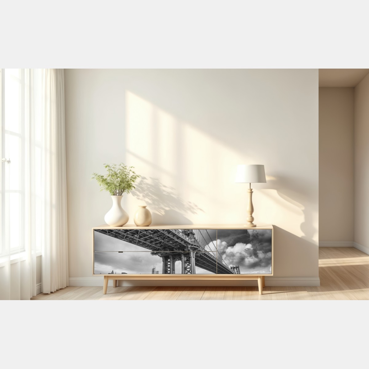 Naklejka repozycjonowalna widok z dołu na most Manhattan i panoramę Nowego Jorku – Wallissimo® Naklejka repozycjonowalna widok z dołu na most Manhattan i panoramę Nowego Jorku – Wallissimo®