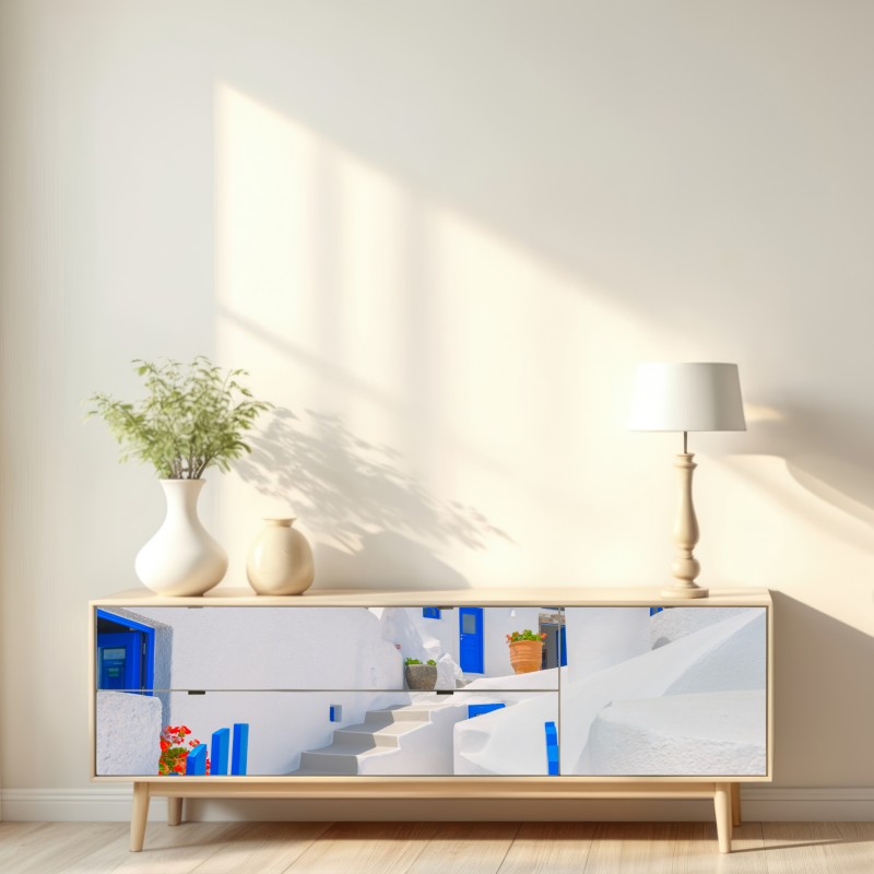 Naklejka repozycjonowalna Santorini białe domy z niebieskimi akcentami – Wallissimo® Naklejka repozycjonowalna Santorini białe domy z niebieskimi akcentami – Wallissimo®